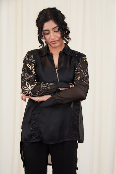 RIRASA Black Organza Embellished Sequins Stand Collar Kapotha High-low Kurta