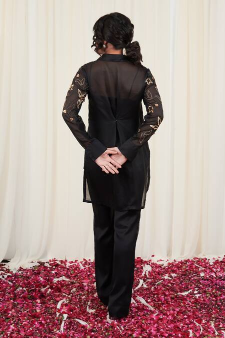 Shop Rirasa Black Organza Sequins, Beads Collared Kapotha Embellished High-low Kurta at Aza Fashions Shop_Rirasa_Black Organza Sequins, Beads Collared Kapotha Embellished High-low Kurta_at_Aza_Fashions