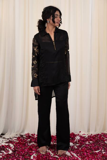 Rirasa Black Organza Sequins, Beads Collared Kapotha Embellished High-low Kurta Online at Aza Fashions Rirasa_Black Organza Sequins, Beads Collared Kapotha Embellished High-low Kurta_Online_at_Aza_Fashions