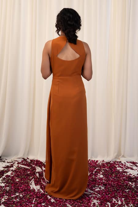 Shop_Rirasa_Yellow Georgette Sequins, Beads V-neck Pataka Embellished Draped Dress _at_Aza_Fashions