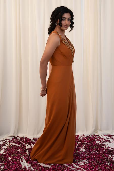 Rirasa_Yellow Georgette Sequins, Beads V-neck Pataka Embellished Draped Dress _Online_at_Aza_Fashions
