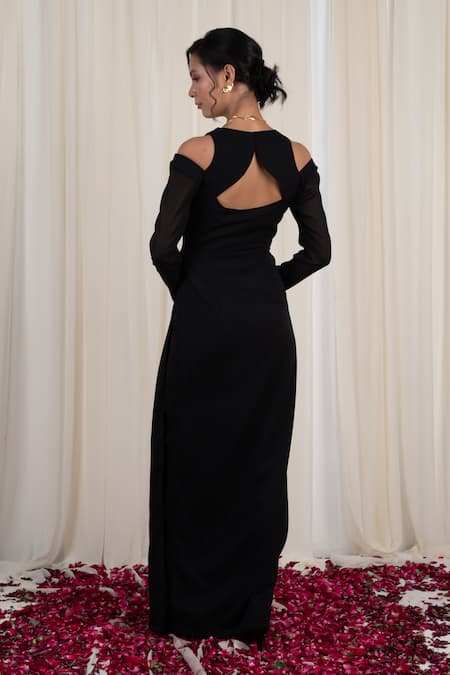 Shop_Rirasa_Black Georgette Sequins, Beads Ardhapataka Embellished Cold-shoulder Dress _at_Aza_Fashions