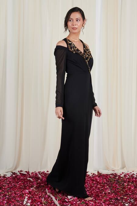Rirasa_Black Georgette Sequins, Beads Ardhapataka Embellished Cold-shoulder Dress _Online_at_Aza_Fashions