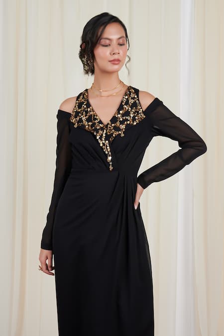 Buy_Rirasa_Black Georgette Sequins, Beads Ardhapataka Embellished Cold-shoulder Dress _Online_at_Aza_Fashions
