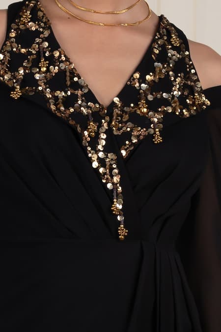 Shop_Rirasa_Black Georgette Sequins, Beads Ardhapataka Embellished Cold-shoulder Dress _Online_at_Aza_Fashions