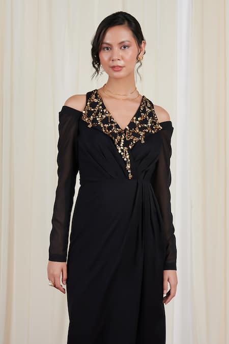 Rirasa_Black Georgette Sequins, Beads Ardhapataka Embellished Cold-shoulder Dress _at_Aza_Fashions