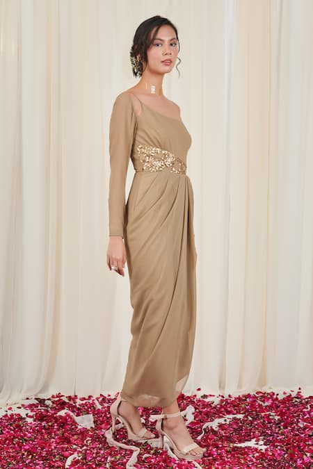 Rirasa Beige Georgette Sequins, Beads One Shoulder Trishool Embellished Dress Online at Aza Fashions Rirasa_Beige Georgette Sequins, Beads One Shoulder Trishool Embellished Dress _Online_at_Aza_Fashions
