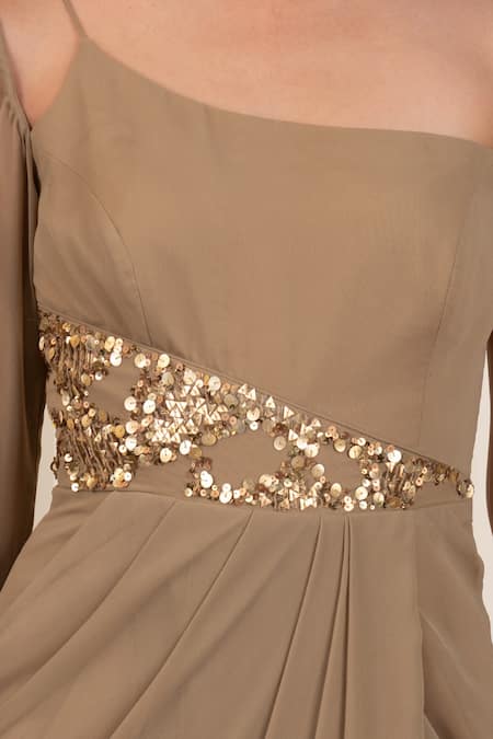 Buy Rirasa Beige Georgette Sequins, Beads One Shoulder Trishool Embellished Dress Online at Aza Fashions Buy_Rirasa_Beige Georgette Sequins, Beads One Shoulder Trishool Embellished Dress _Online_at_Aza_Fashions