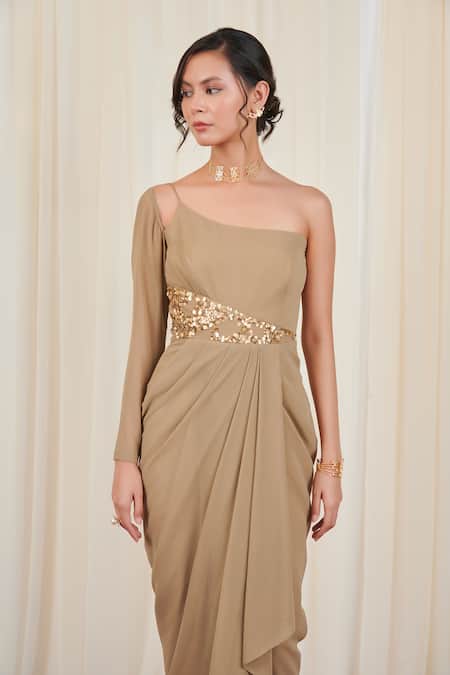 Shop Rirasa Beige Georgette Sequins, Beads One Shoulder Trishool Embellished Dress Online at Aza Fashions Shop_Rirasa_Beige Georgette Sequins, Beads One Shoulder Trishool Embellished Dress _Online_at_Aza_Fashions