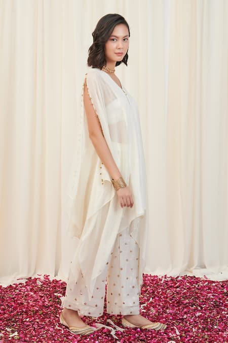 Buy_Rirasa_Off White Polyester Sequins V-neck Koorm Textured Asymmetric Kurta With Pant_Online_at_Aza_Fashions