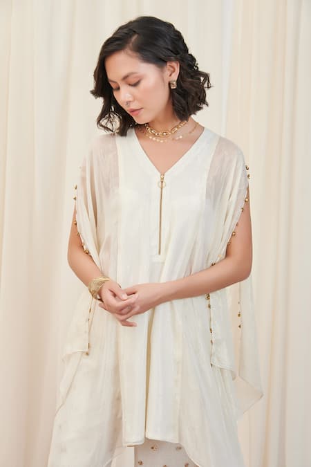 Shop_Rirasa_Off White Polyester Sequins V-neck Koorm Textured Asymmetric Kurta With Pant_Online_at_Aza_Fashions