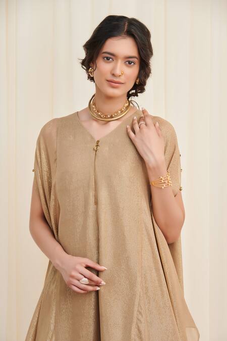 Rirasa_Beige Satin, Polyester Sequins Tripataka Asymmetric Textured Kurta With Pant_Online_at_Aza_Fashions