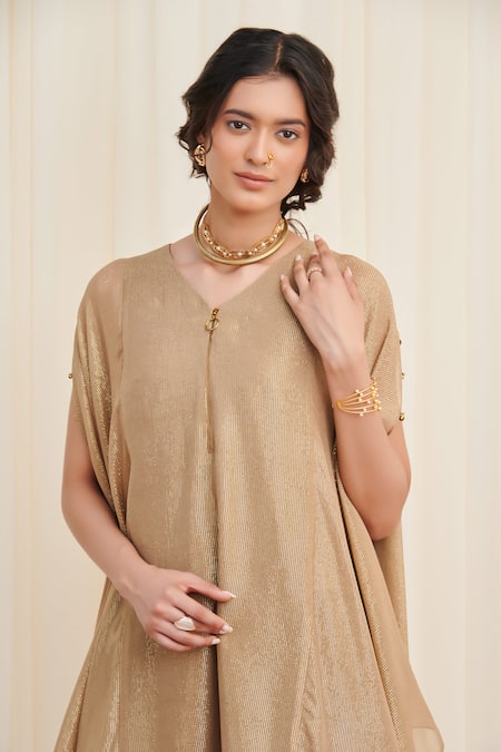 Buy_Rirasa_Beige Satin, Polyester Sequins Tripataka Asymmetric Textured Kurta With Pant_Online_at_Aza_Fashions