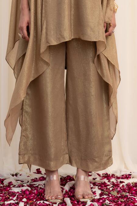 Shop_Rirasa_Beige Satin, Polyester Sequins Tripataka Asymmetric Textured Kurta With Pant_Online_at_Aza_Fashions