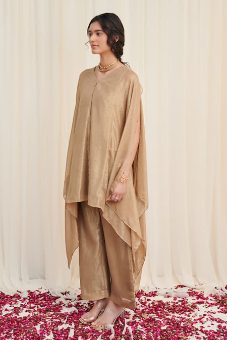 Rirasa_Beige Satin, Polyester Sequins Tripataka Asymmetric Textured Kurta With Pant_at_Aza_Fashions