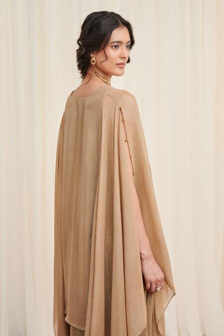 Buy_Rirasa_Beige Satin, Polyester Sequins Tripataka Asymmetric Textured Kurta With Pant