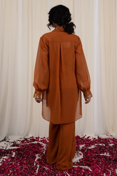 Shop_Rirasa_Yellow Georgette Sequins Kapitth Embellished High-low Shirt With Pant _at_Aza_Fashions