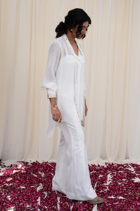 Buy_Rirasa_White Georgette Sequins Open Neck Kapitha High-low Embellished Shirt With Pant_Online_at_Aza_Fashions