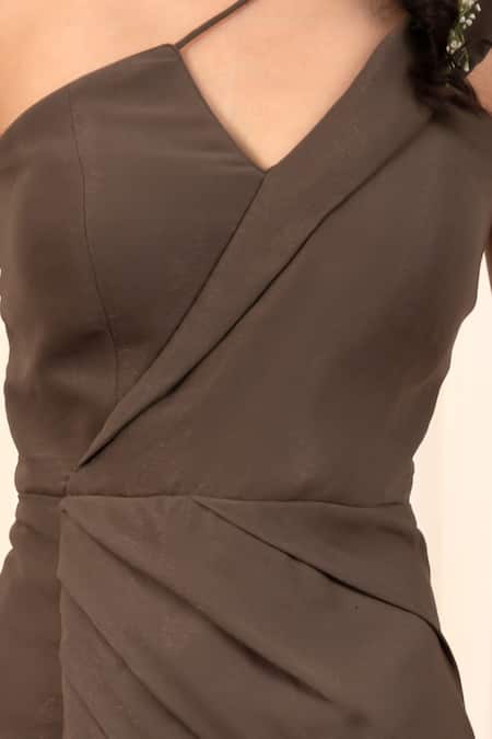 Shop_Rirasa_Grey Georgette One Shoulder Shikhara Solid Draped Dress_Online_at_Aza_Fashions