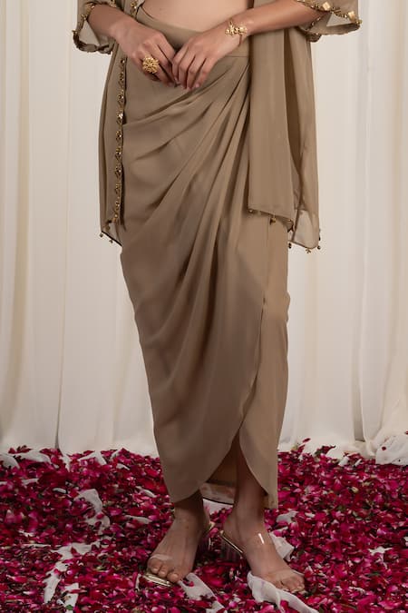 Buy Rirasa Beige Georgette Sequins, Gota Patti Mukuta Embellished Cape Draped Skirt Set Online at Aza Fashions Buy_Rirasa_Beige Georgette Sequins, Gota Patti Mukuta Embellished Cape Draped Skirt Set_Online_at_Aza_Fashions