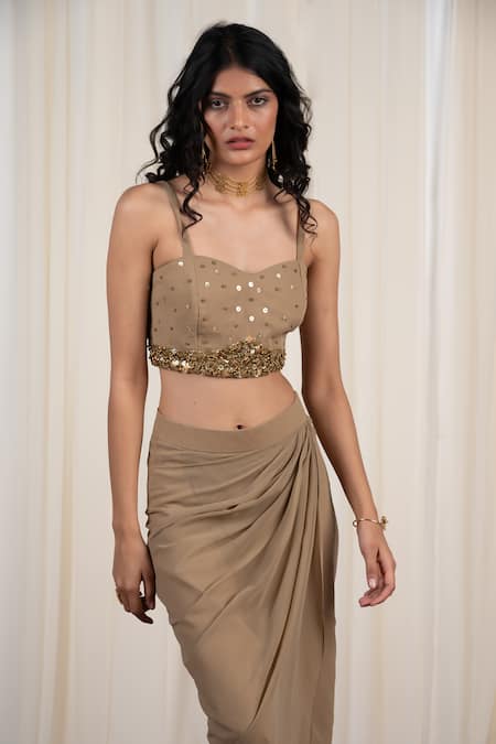 Buy_Rirasa_Beige Georgette Sequins Sweetheart Mukuta Embellished Blouse With Draped Skirt_Online_at_Aza_Fashions