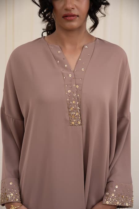 Rirasa_Pink Georgette Sequins Open Neck Ardhchandra Embellished Top With Pant_at_Aza_Fashions