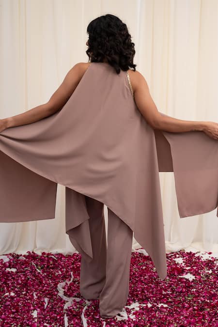 Shop Rirasa Pink Georgette Sequins Round Neck Sandamsha Asymmetric Tunic With Pant at Aza Fashions Shop_Rirasa_Pink Georgette Sequins Round Neck Sandamsha Asymmetric Tunic With Pant_at_Aza_Fashions