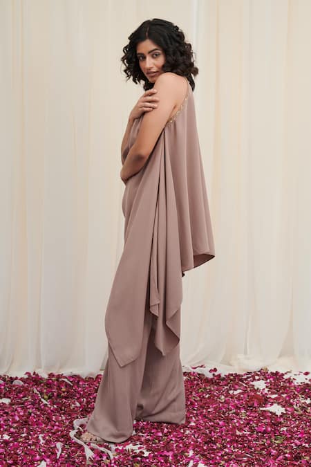 Rirasa Pink Georgette Sequins Round Neck Sandamsha Asymmetric Tunic With Pant Online at Aza Fashions Rirasa_Pink Georgette Sequins Round Neck Sandamsha Asymmetric Tunic With Pant_Online_at_Aza_Fashions