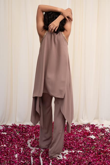 Buy Rirasa Pink Georgette Sequins Round Neck Sandamsha Asymmetric Tunic With Pant Online at Aza Fashions Buy_Rirasa_Pink Georgette Sequins Round Neck Sandamsha Asymmetric Tunic With Pant_Online_at_Aza_Fashions