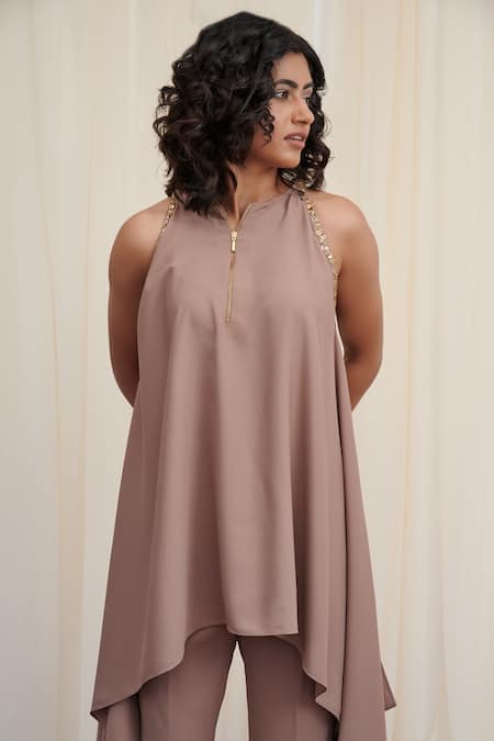 Shop Rirasa Pink Georgette Sequins Round Neck Sandamsha Asymmetric Tunic With Pant Online at Aza Fashions Shop_Rirasa_Pink Georgette Sequins Round Neck Sandamsha Asymmetric Tunic With Pant_Online_at_Aza_Fashions