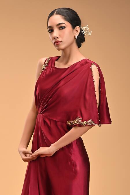 Rirasa_Maroon Satin Embroidery Round Neck Kattva Draped Dress_Online_at_Aza_Fashions
