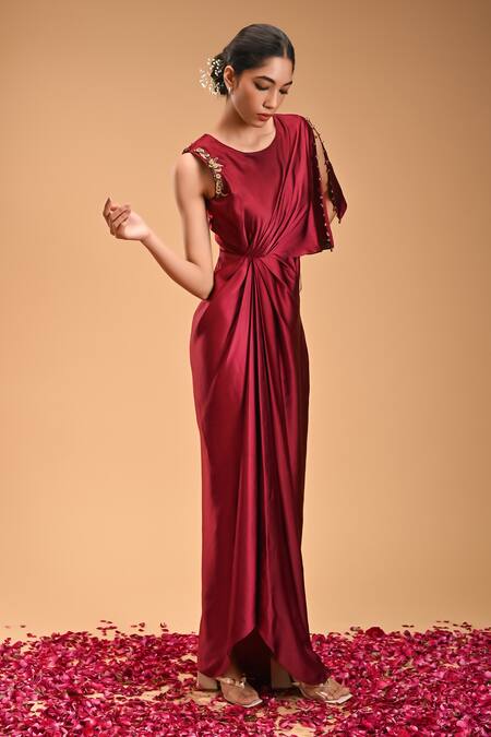 Buy_Rirasa_Maroon Satin Embroidery Round Neck Kattva Draped Dress_Online_at_Aza_Fashions