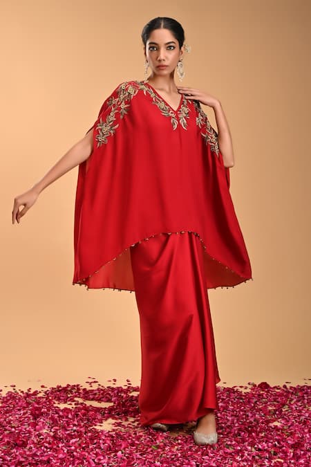 RIRASA Red Marina Silk Embroidered Floral V Neck Mushti Tunic And Draped Dhoti Skirt Set