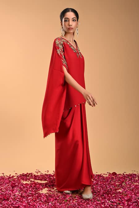 Buy Rirasa Red Silk Embroidery, Beads V-neck Mushti Tunic And Draped Dhoti Skirt Set Online at Aza Fashions Buy_Rirasa_Red Silk Embroidery, Beads V-neck Mushti Tunic And Draped Dhoti Skirt Set _Online_at_Aza_Fashions