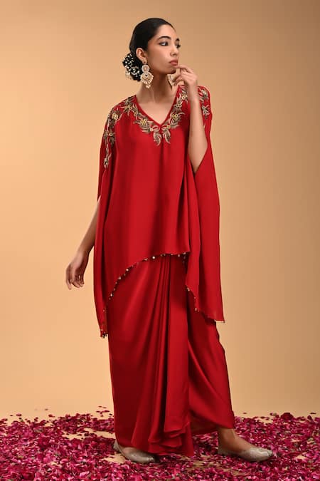 Shop Rirasa Red Silk Embroidery, Beads V-neck Mushti Tunic And Draped Dhoti Skirt Set Online at Aza Fashions Shop_Rirasa_Red Silk Embroidery, Beads V-neck Mushti Tunic And Draped Dhoti Skirt Set _Online_at_Aza_Fashions