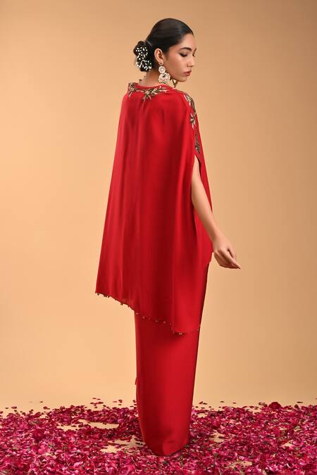 Rirasa Red Silk Embroidery, Beads V-neck Mushti Tunic And Draped Dhoti Skirt Set at Aza Fashions Rirasa_Red Silk Embroidery, Beads V-neck Mushti Tunic And Draped Dhoti Skirt Set _at_Aza_Fashions