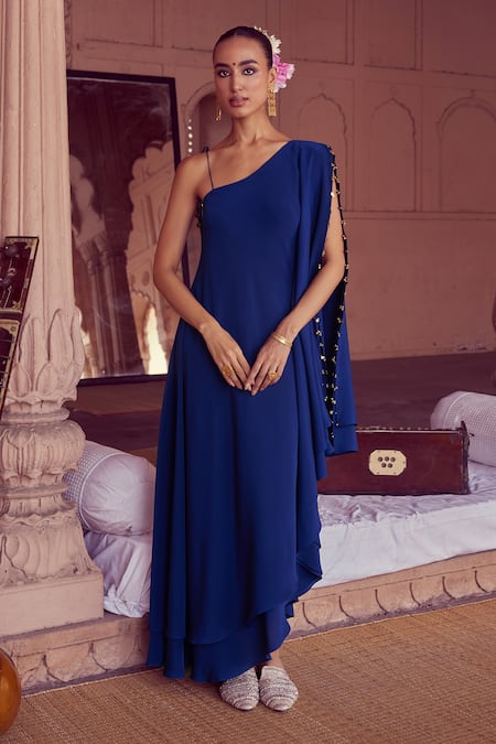 Rirasa Blue Beads One Shoulder, Asymmetric Aralam Maxi Dress 