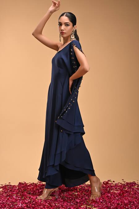 Rirasa_Blue Beads One Shoulder, Asymmetric Aralam Maxi Dress_Online_at_Aza_Fashions