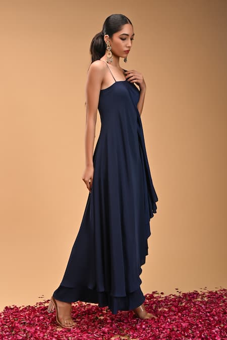 Buy_Rirasa_Blue Beads One Shoulder, Asymmetric Aralam Maxi Dress_Online_at_Aza_Fashions