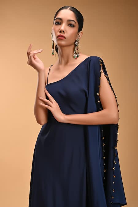 Shop_Rirasa_Blue Beads One Shoulder, Asymmetric Aralam Maxi Dress_Online_at_Aza_Fashions