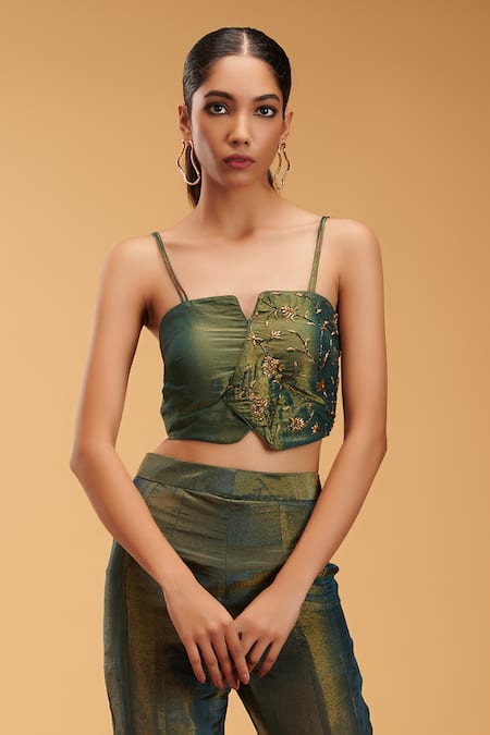 Buy_Rirasa_Green Tissue Embroidery Split V-neck Shakatam Floral Jacket Sharara Set _Online_at_Aza_Fashions