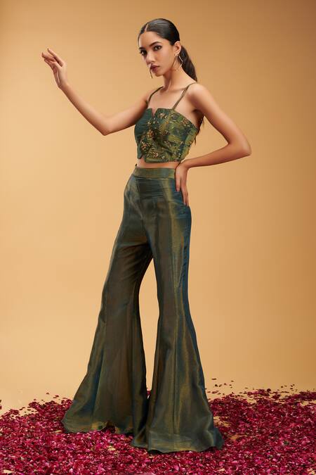 Shop_Rirasa_Green Tissue Embroidery Split V-neck Shakatam Floral Jacket Sharara Set _Online_at_Aza_Fashions