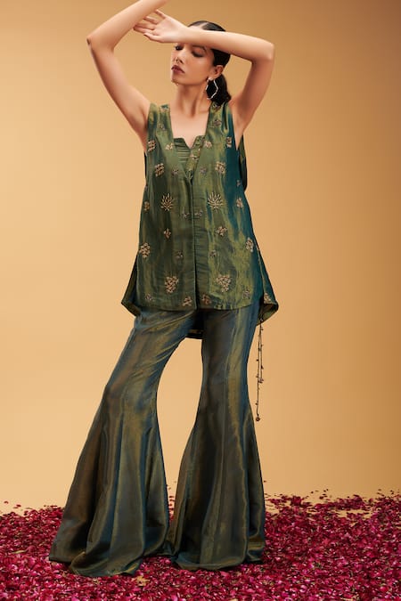 RIRASA Green Tissue Embroidered Floral V Neck Shakatam Sleeveless Jacket 