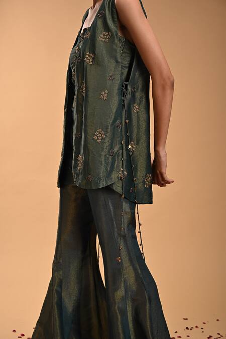 Rirasa_Green Tissue Embroidery V-neck Shakatam Floral Sleeveless Jacket_Online_at_Aza_Fashions