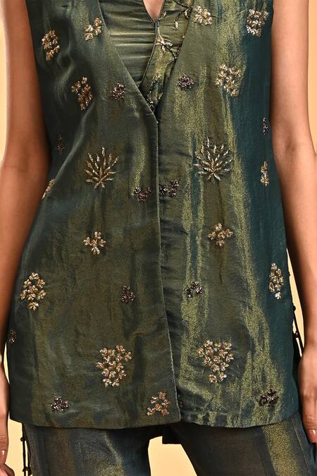 Buy_Rirasa_Green Tissue Embroidery V-neck Shakatam Floral Sleeveless Jacket_Online_at_Aza_Fashions