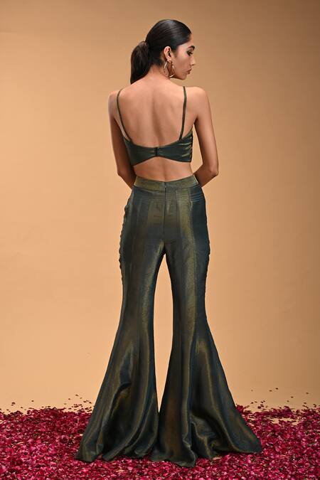 Shop_Rirasa_Green Tissue Embroidery V-neck Shakatam Floral Crop Top_at_Aza_Fashions