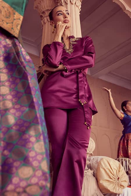 Buy Rirasa Purple Silk, Satin Embroidery Split V-neck Swastikam Floral Top And Pant Set Online at Aza Fashions Buy_Rirasa_Purple Silk, Satin Embroidery Split V-neck Swastikam Floral Top And Pant Set_Online_at_Aza_Fashions