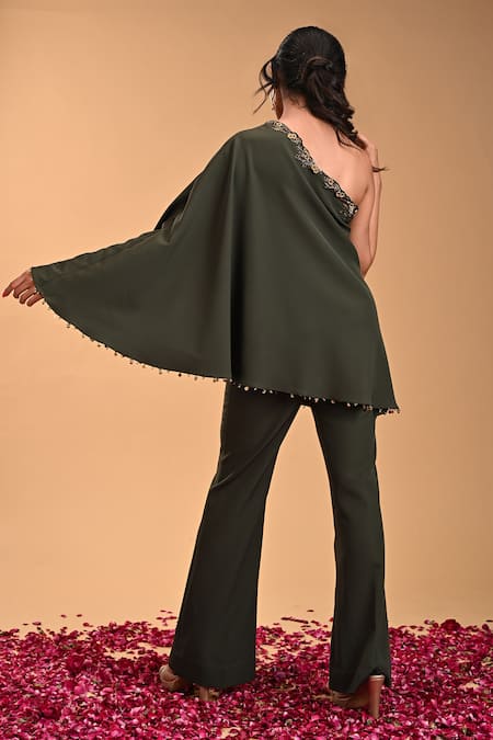 Rirasa_Green Cotton, Crepe Beads One Shoulder Chakram Embroidered Top And Pant Set _Online_at_Aza_Fashions