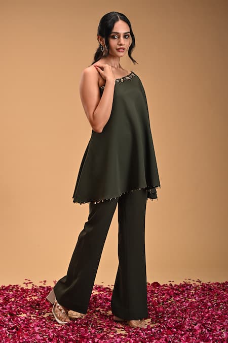 Buy_Rirasa_Green Cotton, Crepe Beads One Shoulder Chakram Embroidered Top And Pant Set _Online_at_Aza_Fashions