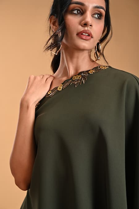 Rirasa_Green Cotton, Crepe Beads One Shoulder Chakram Embroidered Top And Pant Set _at_Aza_Fashions